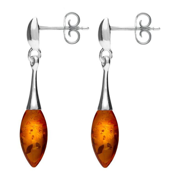 Sterling Silver Amber Long Slim Marquise Drop Stud Earrings