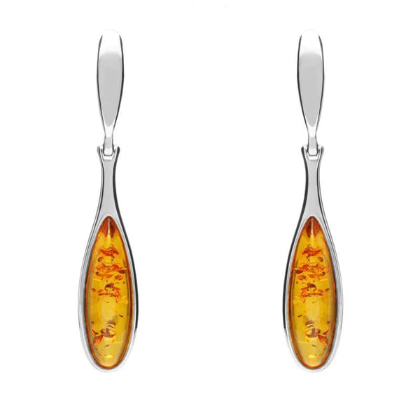 Sterling Silver Amber Long Slim Pear Drop Stud Earrings E1110