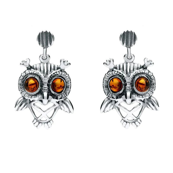 Sterling Silver Amber Orange Owl Stud Earrings E2329