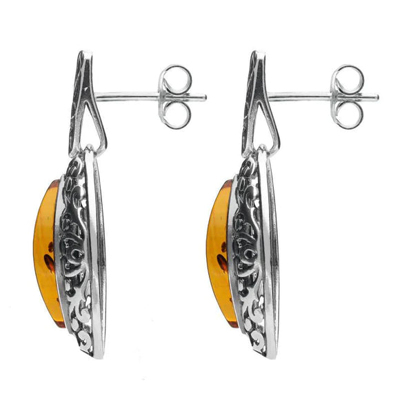 Sterling Silver Amber Ornate Edge Oval Drop Earrings, E2174.