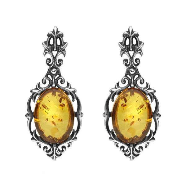 Sterling Silver Amber Oval Drop Earrings. E1570.