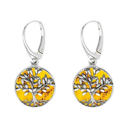 Sterling Silver Amber Round Large Leaves Tree of Life Two Piece Set S062