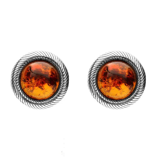 Sterling Silver Amber Round Rope Framed Stud Earrings. E2346.