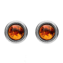 Sterling Silver Amber Round Rope Framed Stud Earrings. E2346.