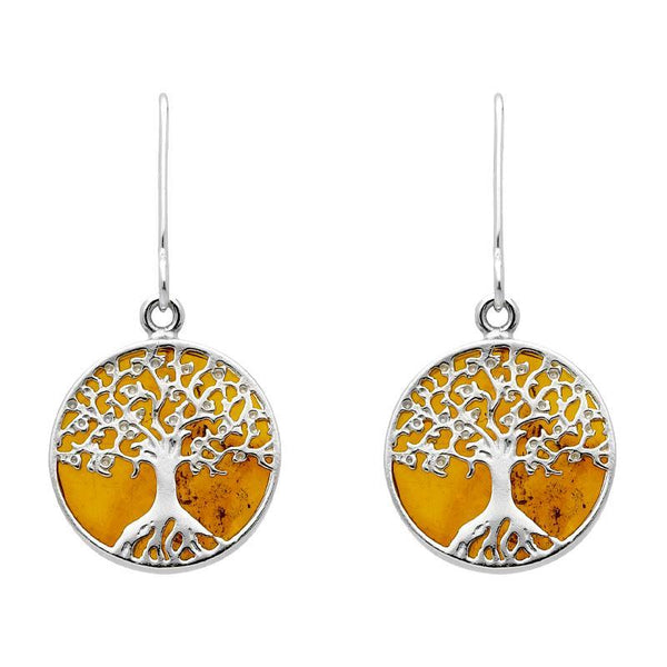 Sterling Silver Amber Round Tree Drop Earrings, E2429