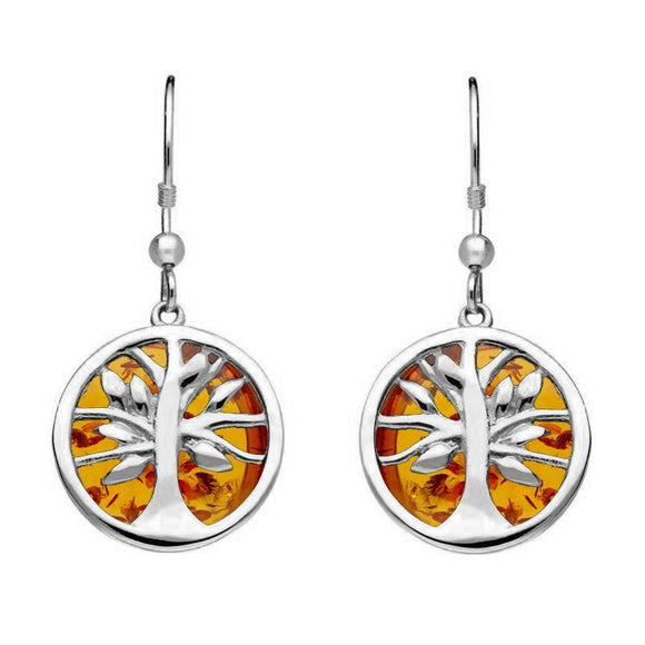 Sterling Silver Amber Round Tree Drop Earrings E2485