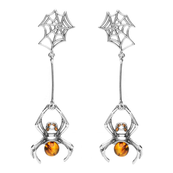Sterling Silver Amber Spider Web Drop Earrings, E2332.