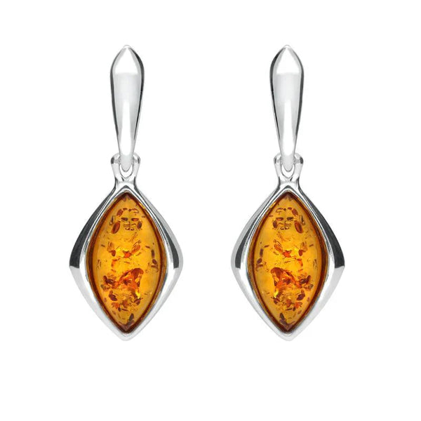 Sterling Silver Amber Wide Marquise Open Back Drop Earrings. E1561.