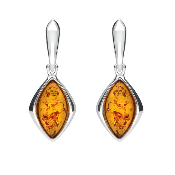 Sterling Silver Amber Wide Marquise Open Back Drop Earrings. E1561.