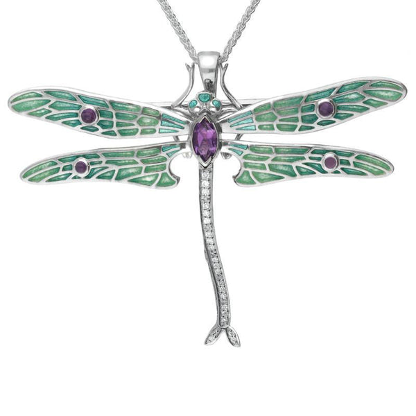 Sterling Silver Amethyst Diamonds House Style Dragonfly Brooch Necklace M317