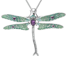 Sterling Silver Amethyst Diamonds House Style Dragonfly Brooch Necklace M317