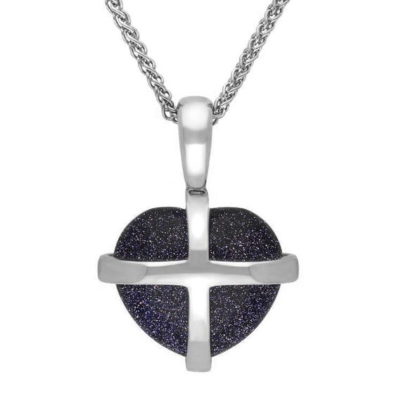 Sterling Silver Blue Goldstone Small Cross Heart Necklace P1544