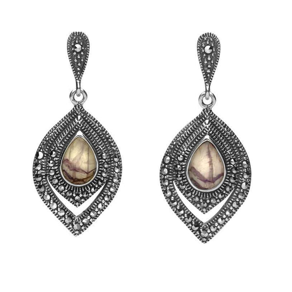 Sterling Silver Blue John Marcasite Fancy Pear Stud Earrings. E2238.