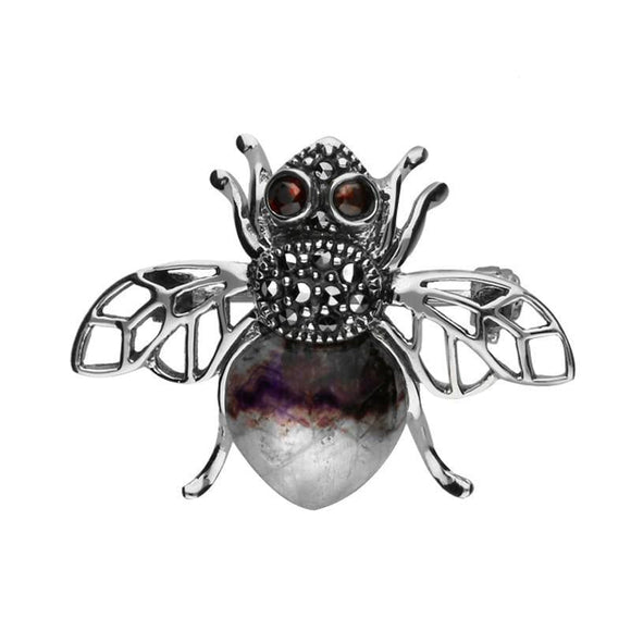 Sterling Silver Blue John Marcasite Garnet House Style Honey Bee Brooch. M333.