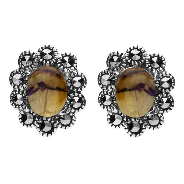 Sterling Silver Blue John Marcasite Oval Beaded Edge Stud Earrings E1637