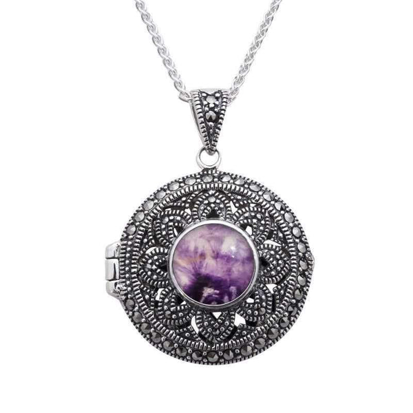 Sterling Silver Blue John Marcasite Round Floral Locket Necklace P2150