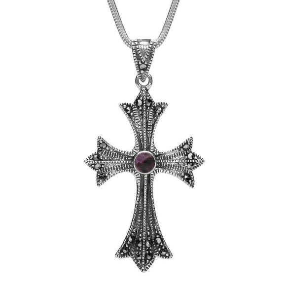 Sterling Silver Blue John Marcasite Three Point Cross Necklace, P2115.