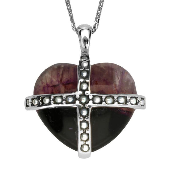 Sterling Silver Blue John Nineteen Pearl Large Cross Heart Necklace P2155