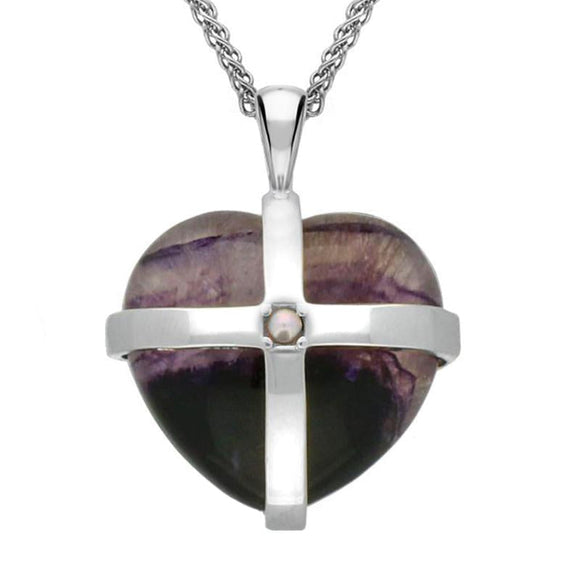 Sterling Silver Blue John Pearl Large Cross Heart Necklace. P2157.