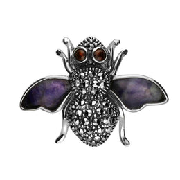 Sterling Silver Blue John Wings Marcasite Garnet House Style Bee Brooch. M330.