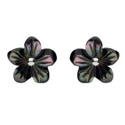 Sterling Silver Dark Mother of Pearl Tuberose Pansy Stud Earrings, E2153.