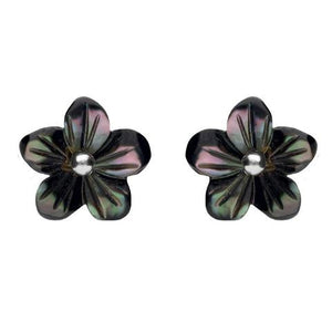Sterling Silver Dark Mother of Pearl Tuberose Pansy Stud Earrings, E2153.