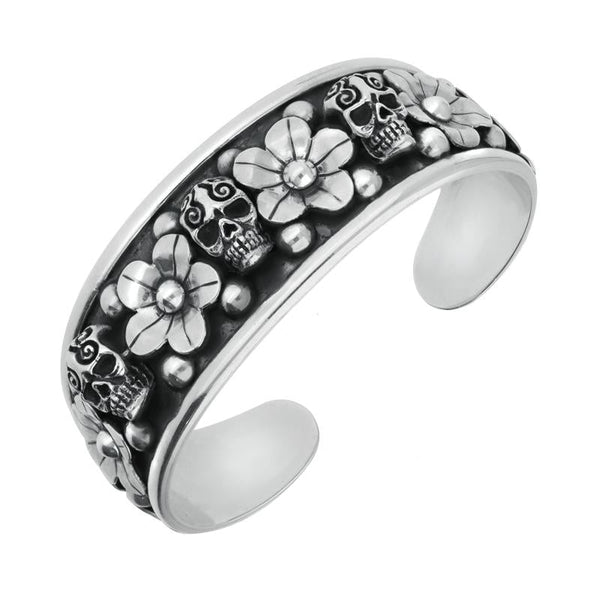 Sterling Silver Day Of The Dead Skull Flowers Cuff Bangle B1147