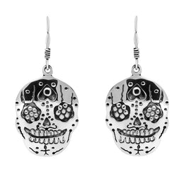 Sterling Silver Day of the Dead Skull Hook Earrings. E2298.