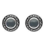 Sterling Silver Hematite Marcasite Round Beaded Edge Stud Earrings E1633