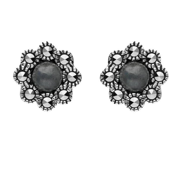 Sterling Silver Hematite Marcasite Round Edge Bead Stud Earrings E1635