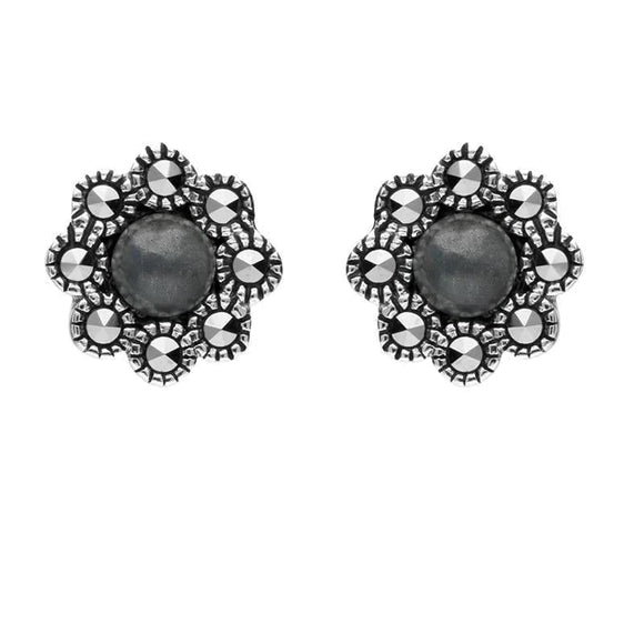 Sterling Silver Hematite Marcasite Round Edge Bead Stud Earrings E1635