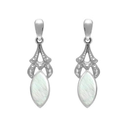 Sterling Silver Mother of Pearl Marquise Drop Earrings. E075.