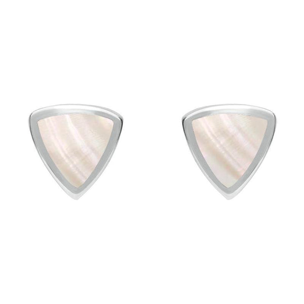 Sterling Silver Mother of Pearl Small Curved Triangle Stud Earrings. E061. 