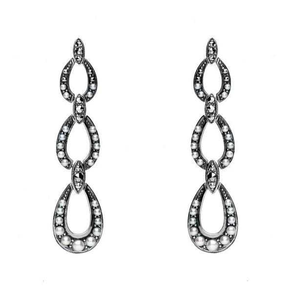 Sterling Silver Pearl and Marcasite Triple Open Oval Drop Earrings E1692
