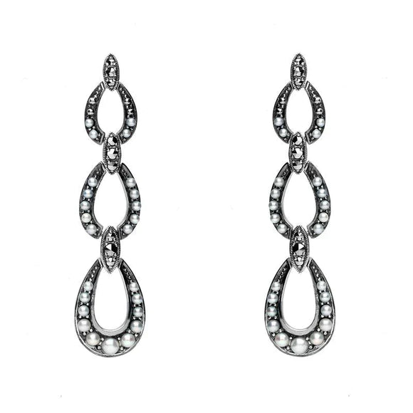 Sterling Silver Pearl and Marcasite Triple Open Oval Drop Earrings E1692