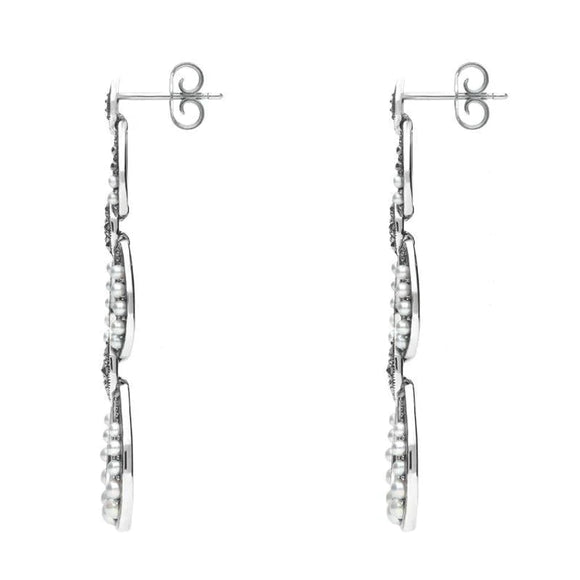 Sterling Silver Pearl and Marcasite Triple Open Oval Drop Earrings E1692