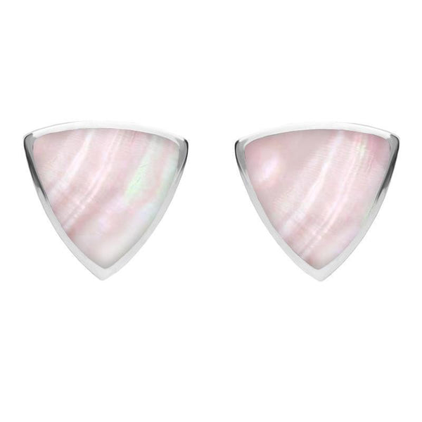 Sterling Silver Pink Mother of Pearl Large Curved Triangle Stud Earrings. E209. 