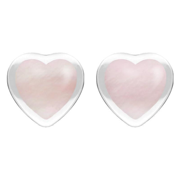 Sterling Silver Pink Mother of Pearl Large Framed Heart Stud Earrings. E433.