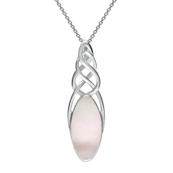 Sterling Silver Pink Mother of Pearl Long Marquise Celtic Necklace, P1391.