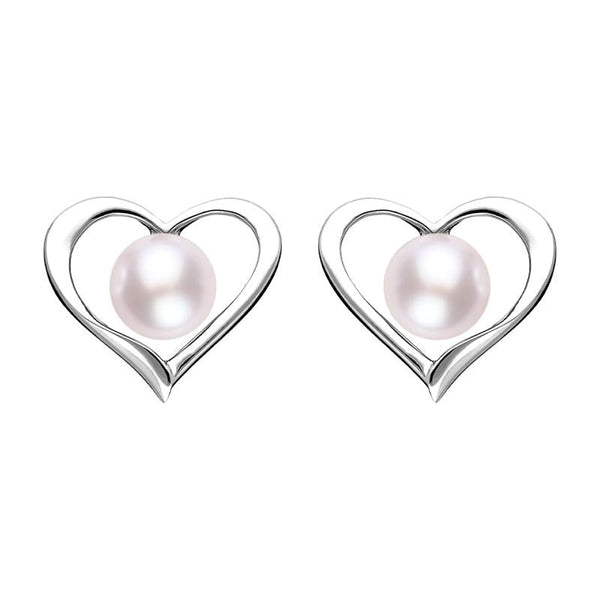 Sterling Silver Pink Pearl Open Heart Stud Earrings, E2072.
