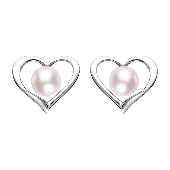 Sterling Silver Pink Pearl Open Heart Stud Earrings, E2072.