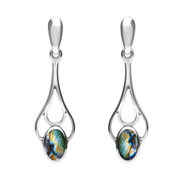 Sterling Silver Spectrolite Spoon Drop Earrings, E138.