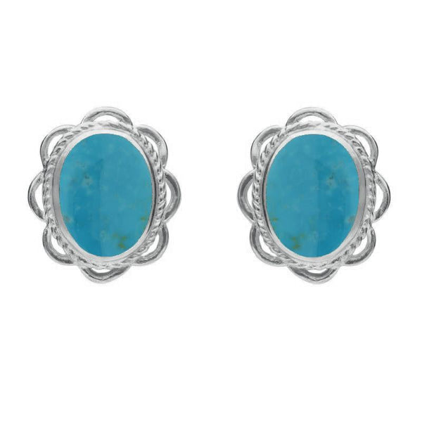 Sterling Silver Turquoise Large Rope Oval Frill Stud Earrings, E079
