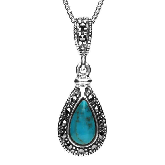 Sterling Silver Turquoise Marcasite Small Beaded Pear Necklace P2143