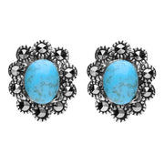 Sterling Silver Turquoise Marcasite Oval Beaded Edge Stud Earrings. E1637
