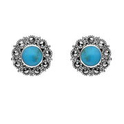 Sterling Silver Turquoise Marcasite Round Stud Earrings E1634
