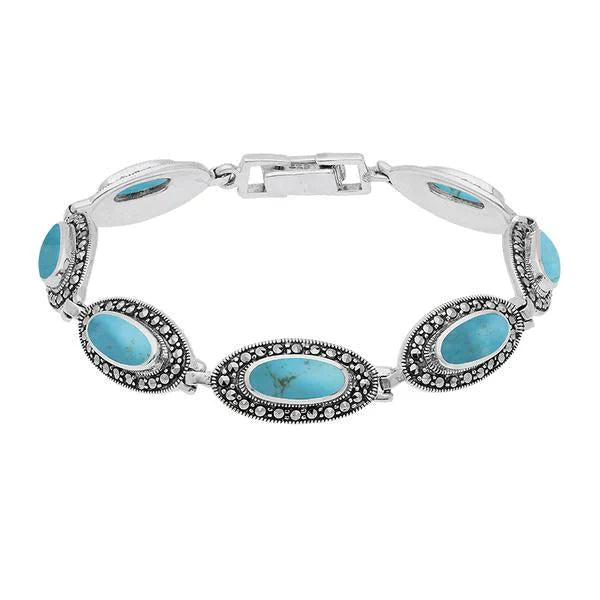Sterling Silver Turquoise Marcasite Slim Oval Link Bracelet, B876