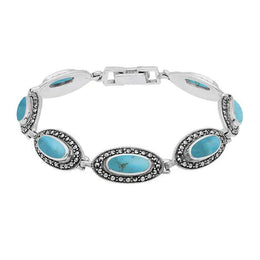 Sterling Silver Turquoise Marcasite Slim Oval Link Bracelet, B876