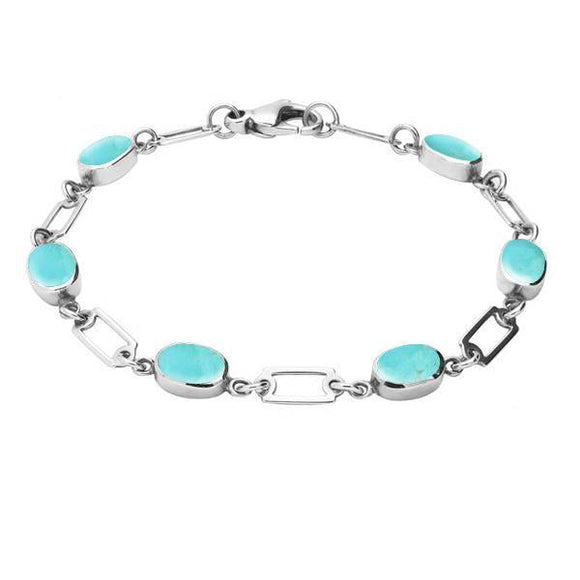 Sterling Silver Turquoise Oval Linked Bracelet. B026.