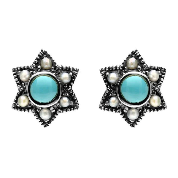 Sterling Silver Turquoise Pearl 6 Point Star Stud Earrings. E1638.